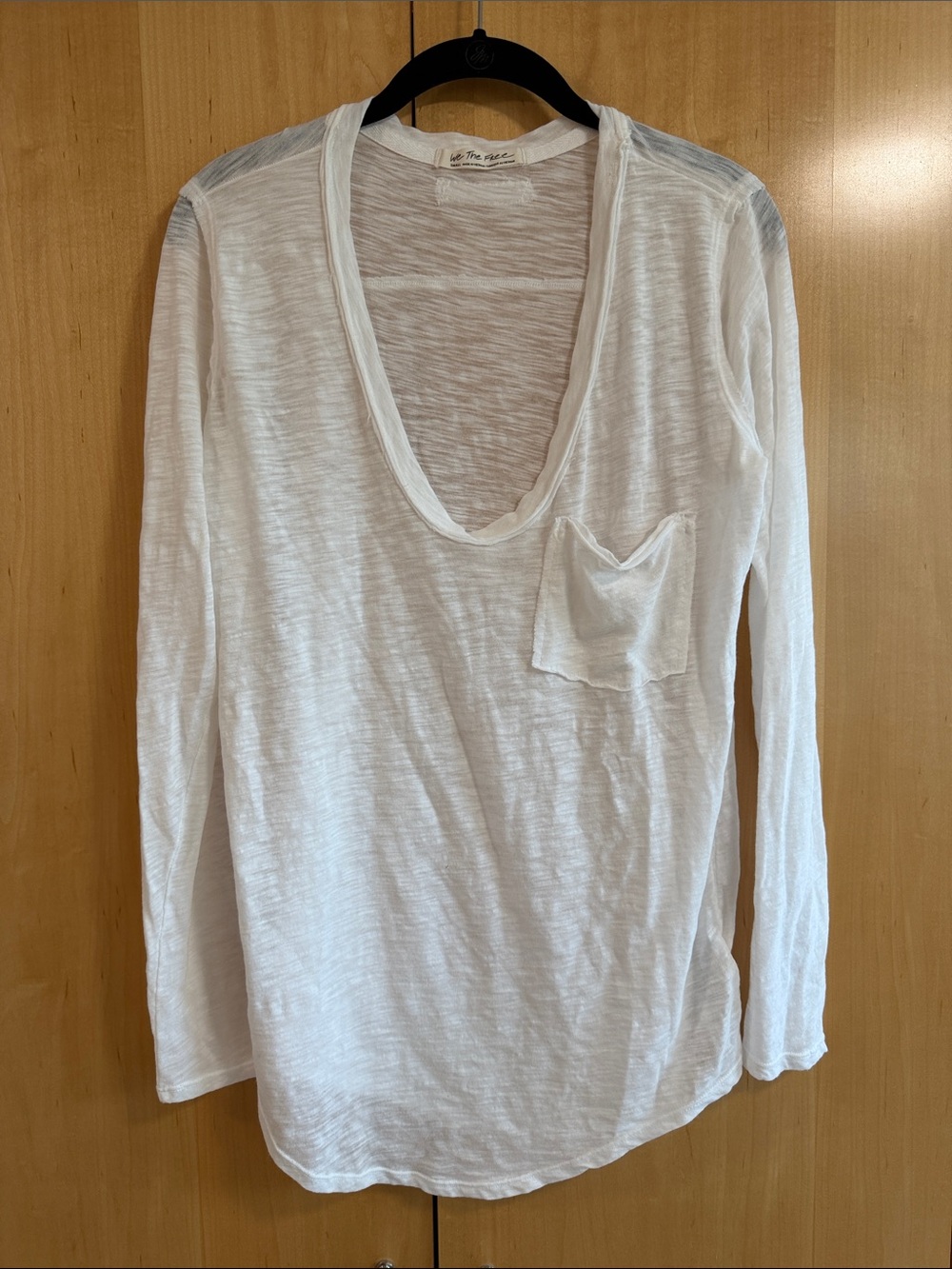 We The Free White Deep V-Neck Long Sleeve Pocket Tee